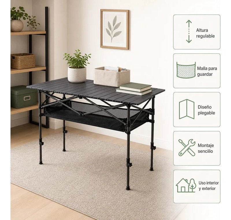 MESA PLEGABLE CAMPING CON MALLA ORGANIZADORA Y ALTURA AJUSTABLE - 9