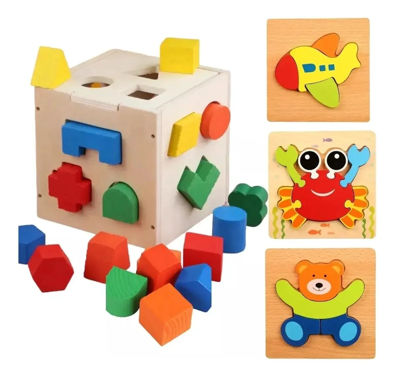 CUBO ENCAJE DIDACTICO Y 3 ROMPECABEZAS DE MADERA - 1