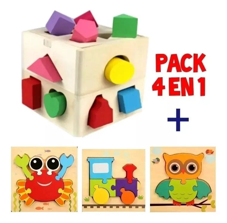 CUBO ENCAJE DIDACTICO Y 3 ROMPECABEZAS DE MADERA - 2