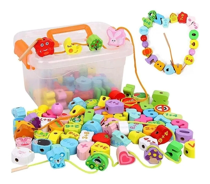 JUGUETE EDUCATIVO DE MADERA PARA ENHEBRAR LETRAS Y NUMEROS - 1