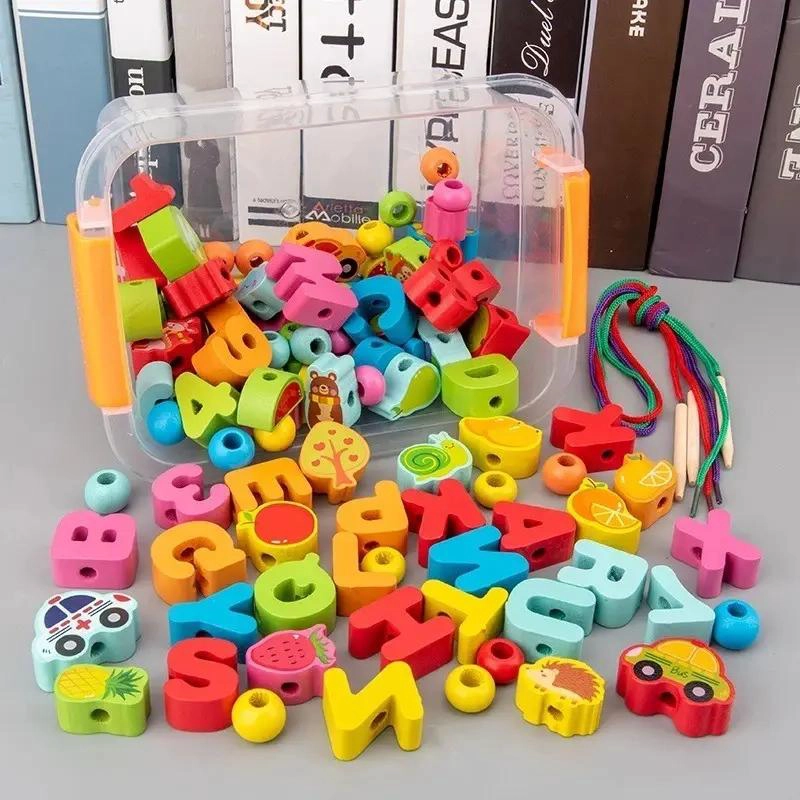 JUGUETE EDUCATIVO DE MADERA PARA ENHEBRAR LETRAS Y NUMEROS - 2