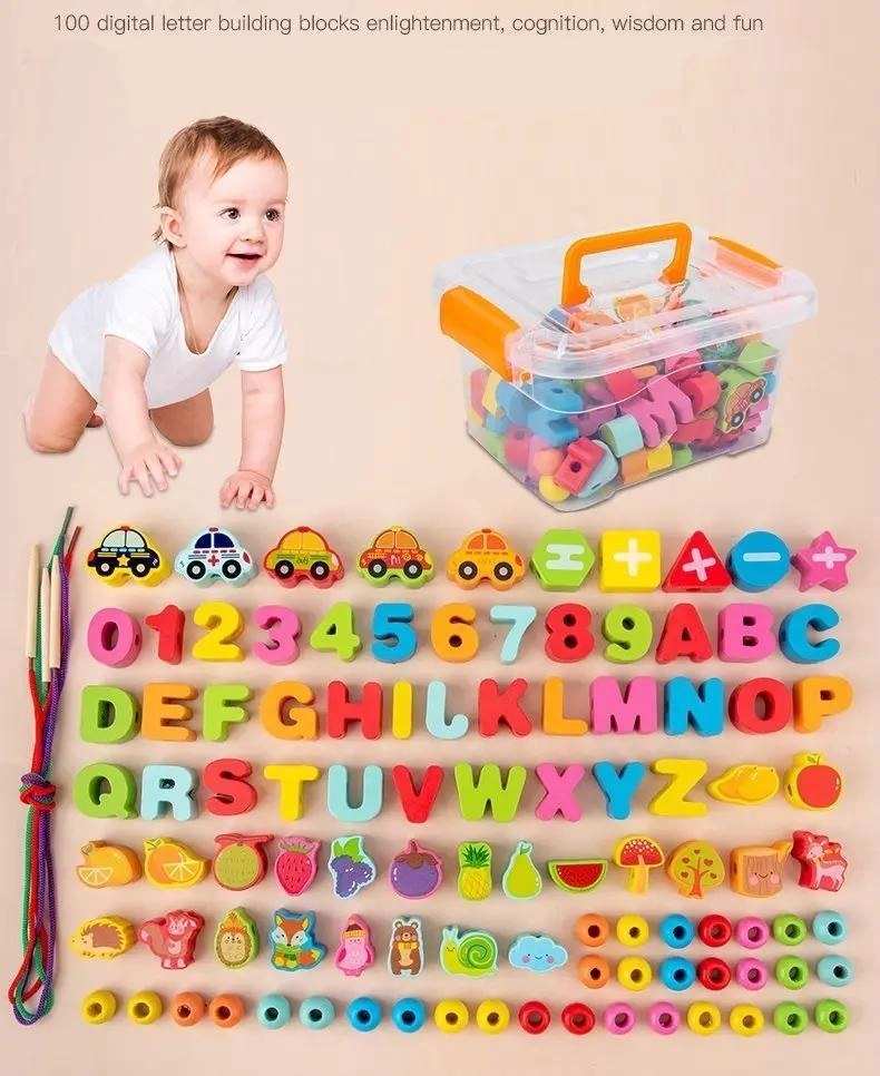 JUGUETE EDUCATIVO DE MADERA PARA ENHEBRAR LETRAS Y NUMEROS - 3