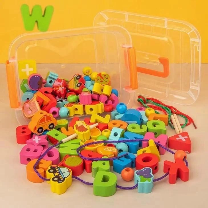 JUGUETE EDUCATIVO DE MADERA PARA ENHEBRAR LETRAS Y NUMEROS - 7