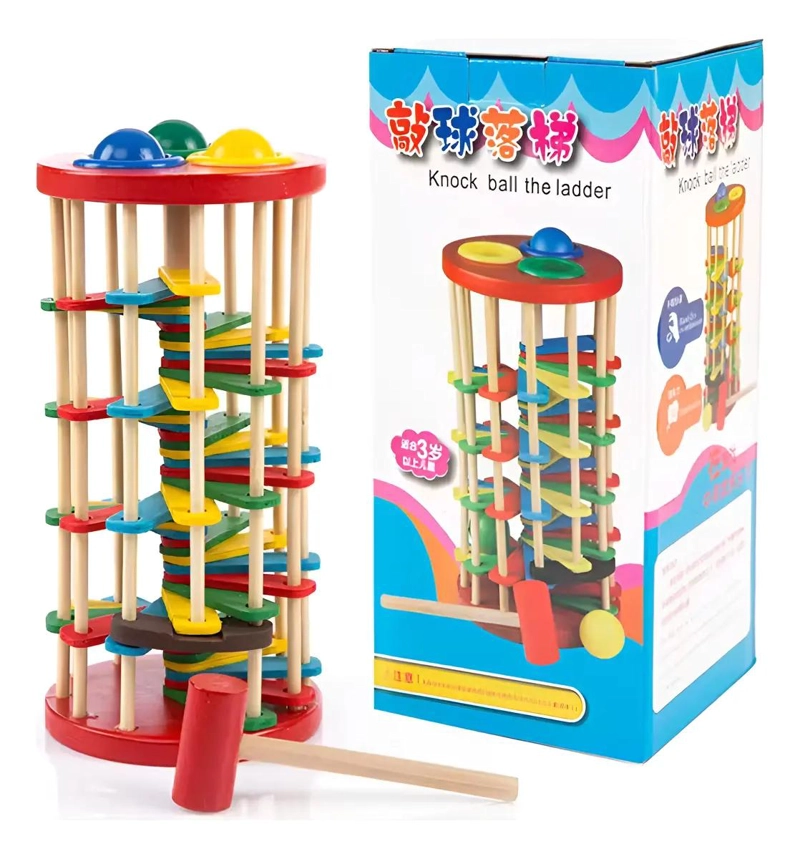 TORRE DE GOLPEO DE MADERA CON MARTILLO Y PELOTAS DE COLORES - 1