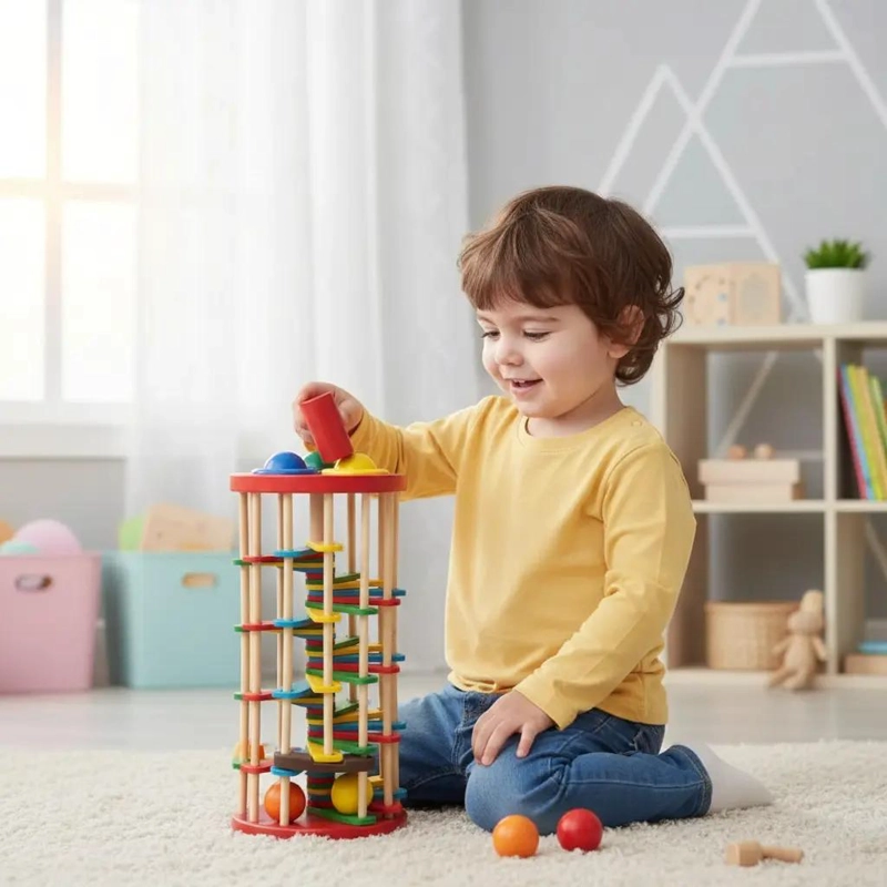 TORRE DE GOLPEO DE MADERA CON MARTILLO Y PELOTAS DE COLORES - 4