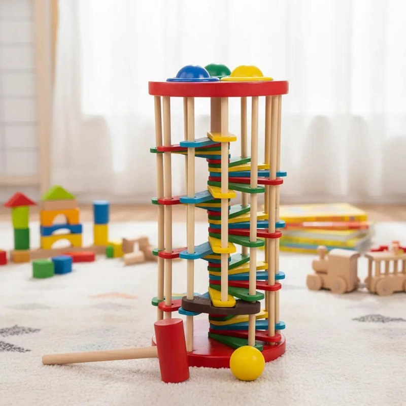 TORRE DE GOLPEO DE MADERA CON MARTILLO Y PELOTAS DE COLORES - 5
