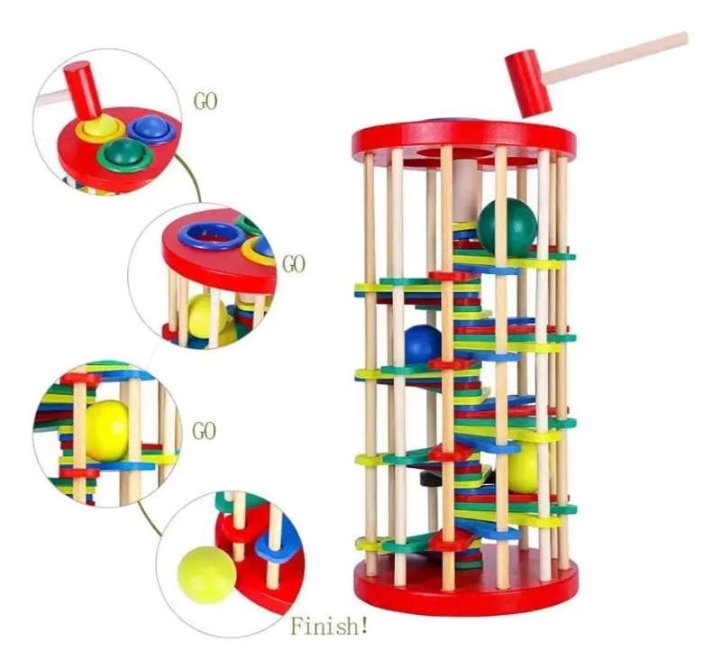 TORRE DE GOLPEO DE MADERA CON MARTILLO Y PELOTAS DE COLORES - 6
