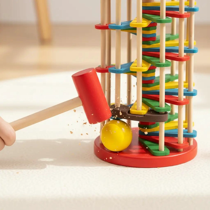 TORRE DE GOLPEO DE MADERA CON MARTILLO Y PELOTAS DE COLORES - 8