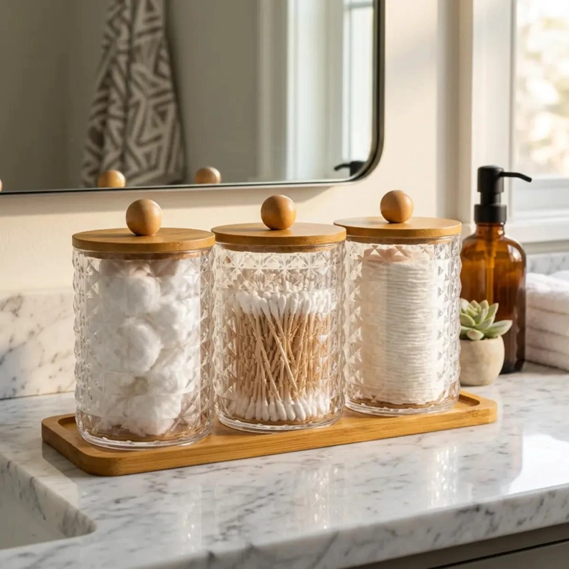 ORGANIZADOR DE ACRILICO CON TAPA DE BAMBU PARA BAÑO - 1