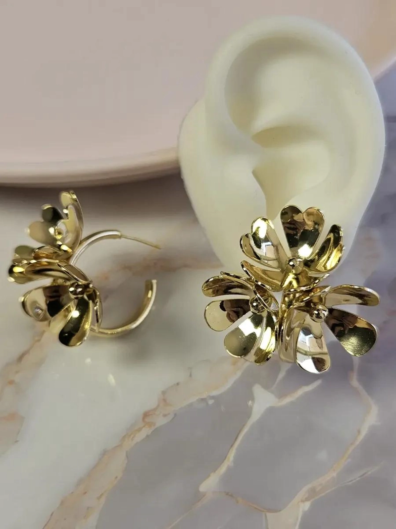 AROS GRANDES DE FLORES ENCHAPADOS EN ORO 18K PARA MODA - 5