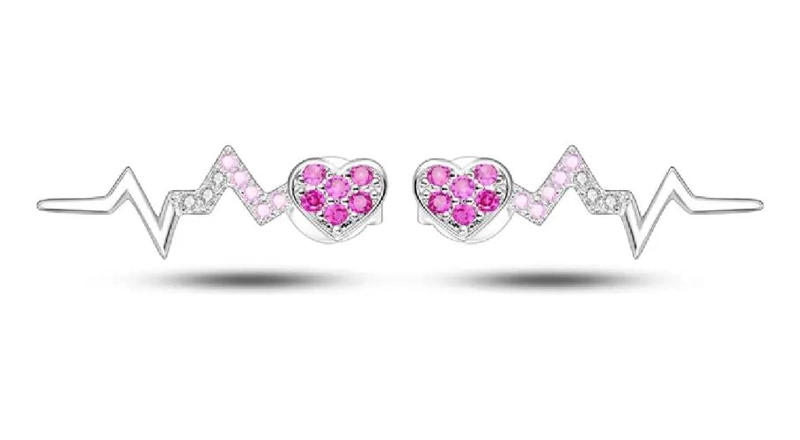 AROS DE PLATA 925 CON DISEÑO DE LATIDO DE CORAZON Y CIRCONES - 1