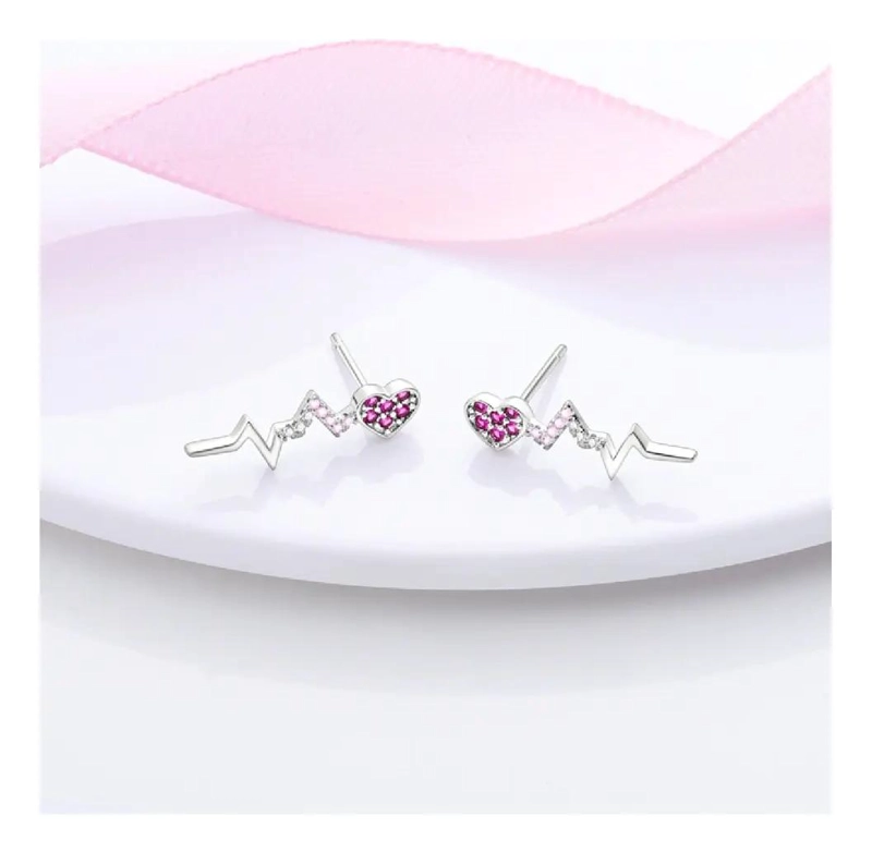 AROS DE PLATA 925 CON DISEÑO DE LATIDO DE CORAZON Y CIRCONES - 2