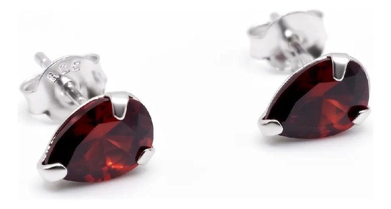 AROS DE PLATA 925 CON DISEÑO DE GOTA Y CRISTAL ROJO - 3
