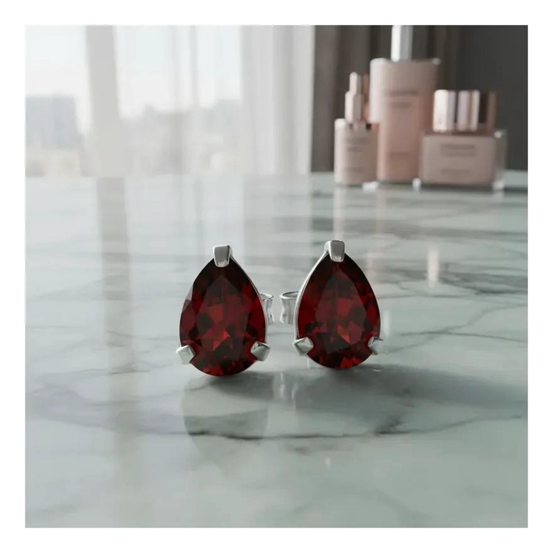 AROS DE PLATA 925 CON DISEÑO DE GOTA Y CRISTAL ROJO - 4