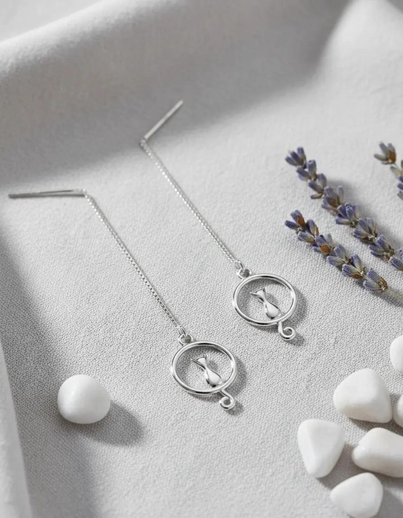 AROS LARGOS DE PLATA 925 CON DISEÑO GATO LUNA - 1