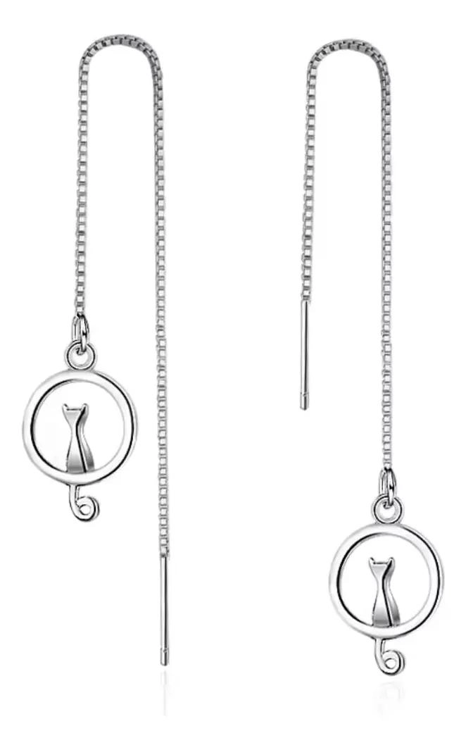 AROS LARGOS DE PLATA 925 CON DISEÑO GATO LUNA - 10