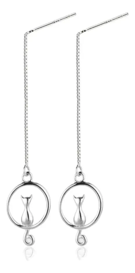 AROS LARGOS DE PLATA 925 CON DISEÑO GATO LUNA - 2