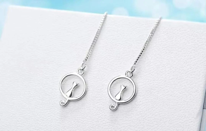 AROS LARGOS DE PLATA 925 CON DISEÑO GATO LUNA - 3