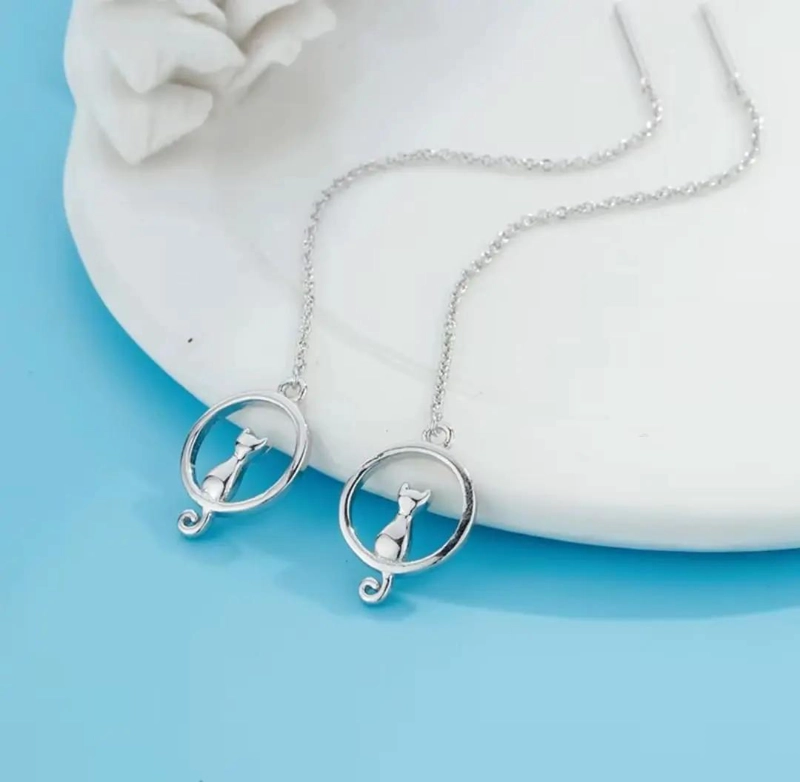AROS LARGOS DE PLATA 925 CON DISEÑO GATO LUNA - 5