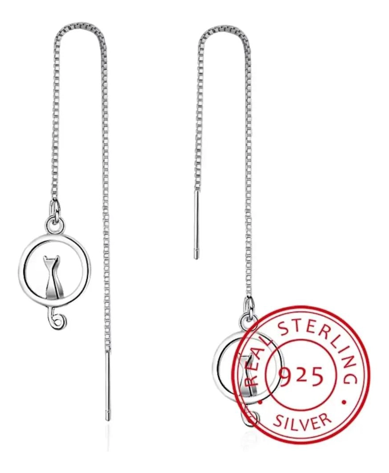 AROS LARGOS DE PLATA 925 CON DISEÑO GATO LUNA - 6