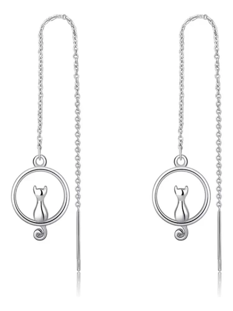 AROS LARGOS DE PLATA 925 CON DISEÑO GATO LUNA - 7