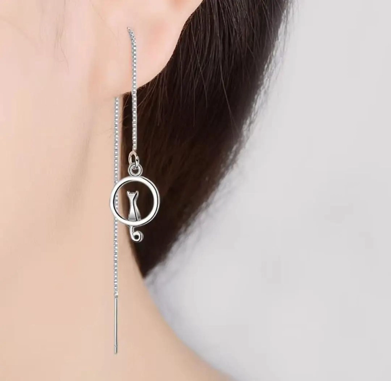 AROS LARGOS DE PLATA 925 CON DISEÑO GATO LUNA - 8