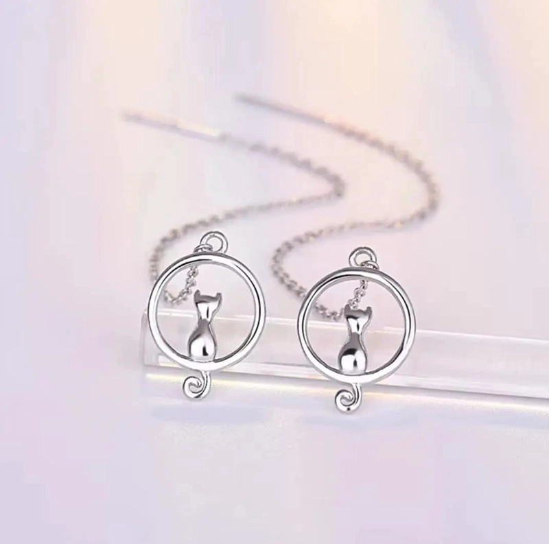 AROS LARGOS DE PLATA 925 CON DISEÑO GATO LUNA - 9