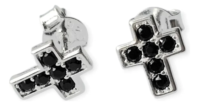AROS EN FORMA DE CRUZ CON CIRCONES NEGROS EN PLATA 925 - 2