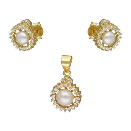 JUEGO DE AROS Y COLGANTE DE PERLAS EN PLATA 925 CHAPADA ORO - 1