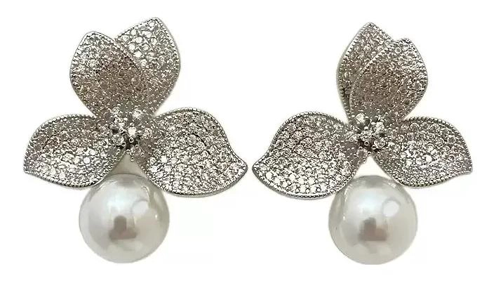 PENDIENTES FLORALES CON CIRCONITAS Y PERLAS ELEGANTES - 1