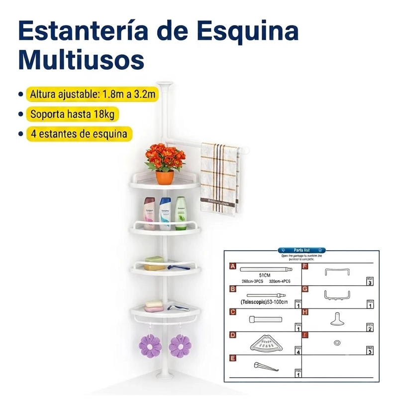 ORGANIZADOR ESQUINERO AJUSTABLE PARA BAÑO CON 4 REPISAS - 2