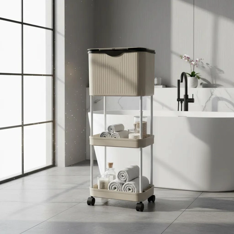 CARRO ORGANIZADOR CON BASURERO DE 3 NIVELES PARA BAÑO - 1
