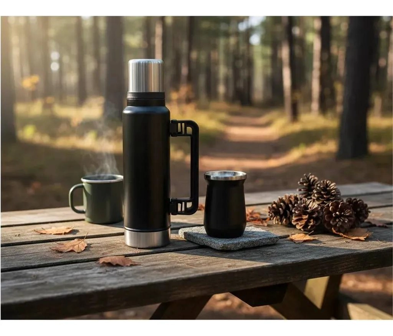 JUEGO DE TERMOS Y VASO MATE NEGRO 1300ML PARA BEBIDAS - 2