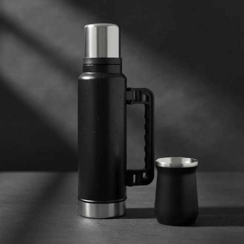JUEGO DE TERMOS Y VASO MATE NEGRO 1300ML PARA BEBIDAS - 4