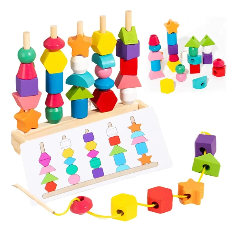 JUGUETE DE MADERA PARA APILAR Y ENSARTAR CUENTAS DE COLORES - 1
