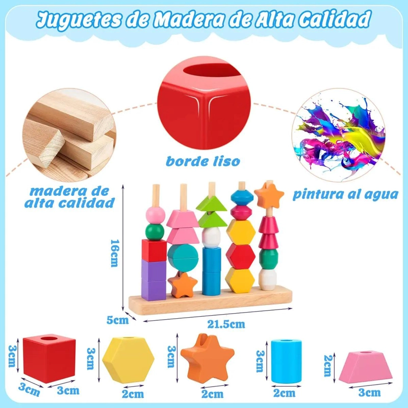 JUGUETE DE MADERA PARA APILAR Y ENSARTAR CUENTAS DE COLORES - 3