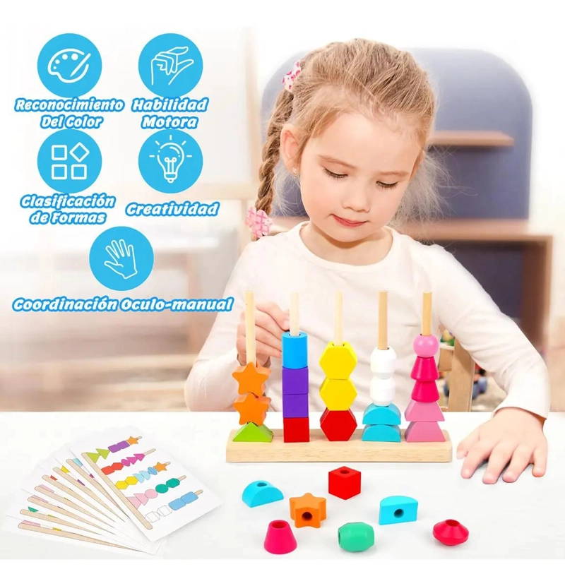 JUGUETE DE MADERA PARA APILAR Y ENSARTAR CUENTAS DE COLORES - 6