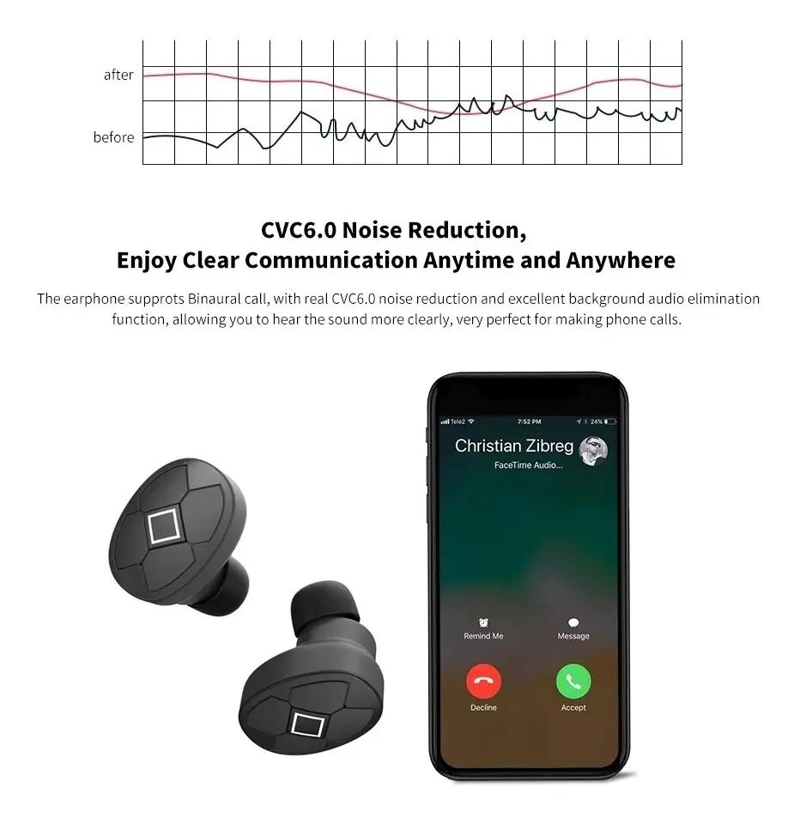 AURICULARES INALAMBRICOS BLUETOOTH CON CAJA DE CARGA NEGRA - 6