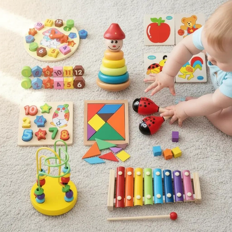 JUGUETES DIDACTICOS DE MADERA PARA BEBE S ESTIMULACION PACK 10 - 10