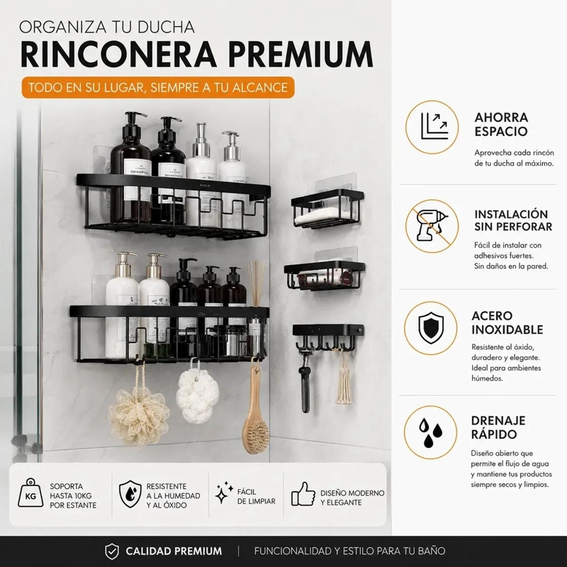 SET DE 5 REPISAS ORGANIZADORAS PARA DUCHA EN COLOR NEGRO - 2