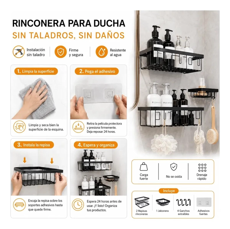 SET DE 5 REPISAS ORGANIZADORAS PARA DUCHA EN COLOR NEGRO - 8