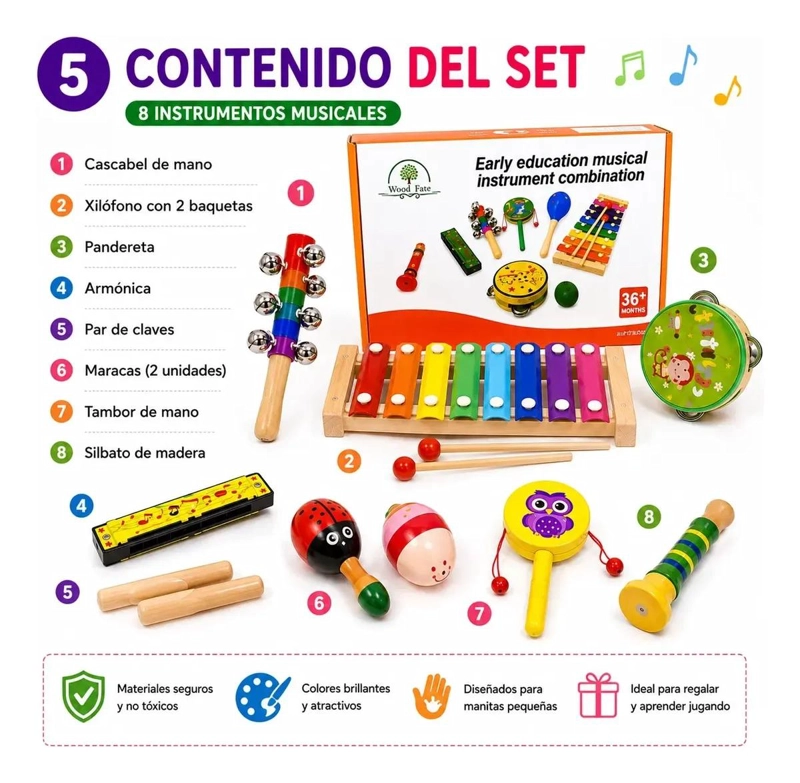 SET DE 8 INSTRUMENTOS MUSICALES DE MADERA PARA NIÑOS - 2