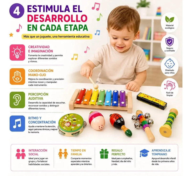 SET MUSICAL DE MADERA CON 8 INSTRUMENTOS PARA NIÑOS - 1