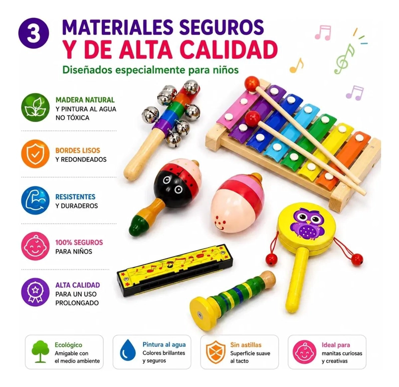 SET MUSICAL DE MADERA CON 8 INSTRUMENTOS PARA NIÑOS - 3
