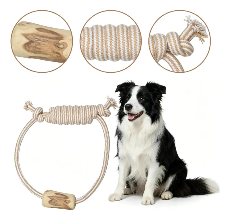 JUGUETE MORDEDOR DE MADERA NATURAL Y CUERDA PARA PERROS - 1