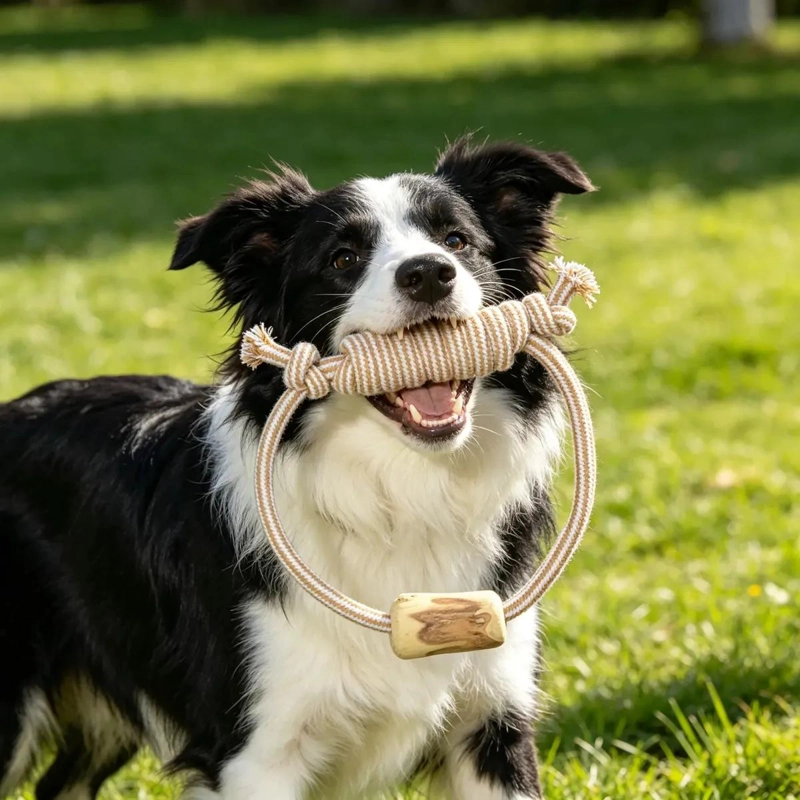 JUGUETE MORDEDOR DE MADERA NATURAL Y CUERDA PARA PERROS - 2