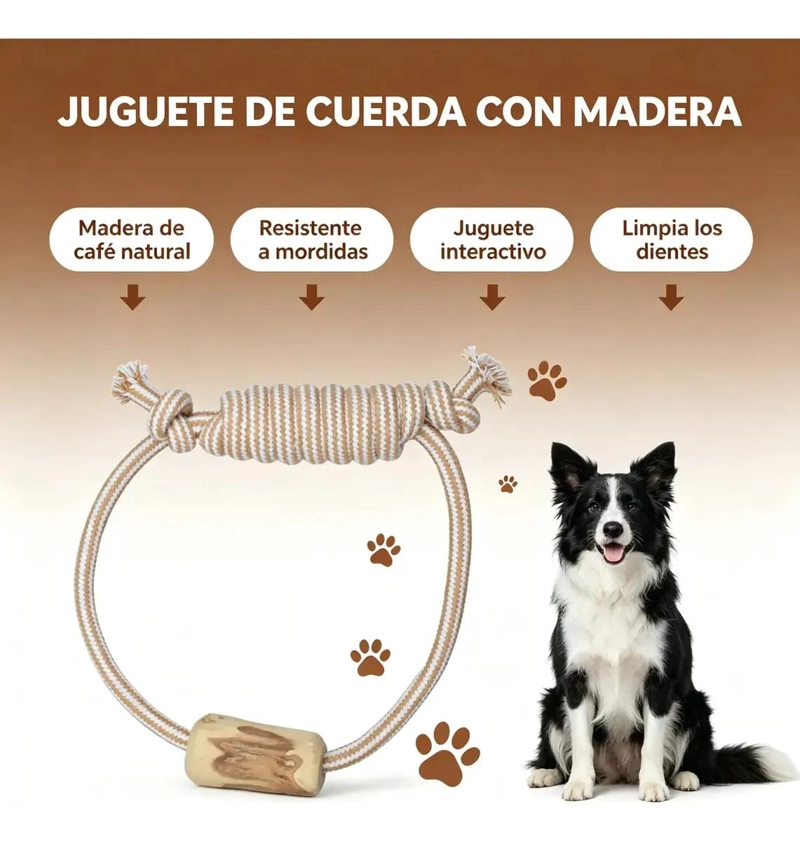 JUGUETE MORDEDOR DE MADERA NATURAL Y CUERDA PARA PERROS - 3