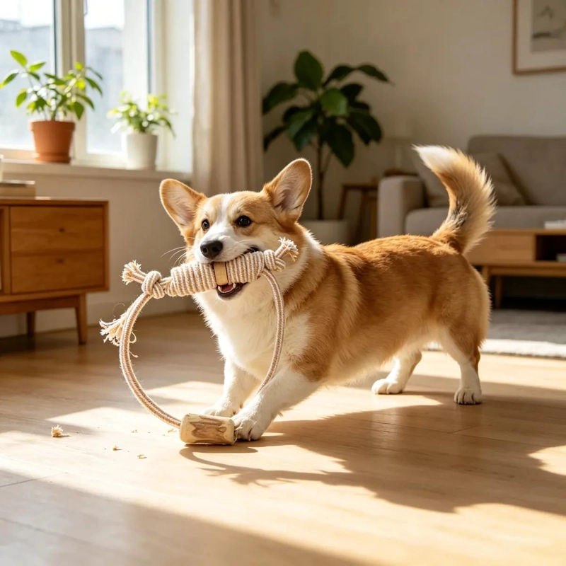 JUGUETE MORDEDOR DE MADERA NATURAL Y CUERDA PARA PERROS - 4