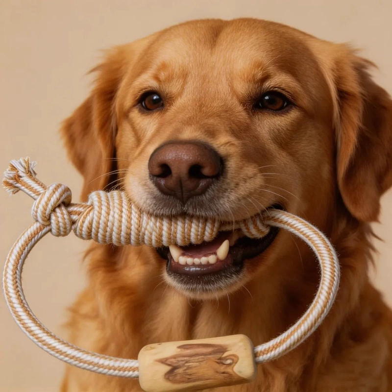 JUGUETE MORDEDOR DE MADERA NATURAL Y CUERDA PARA PERROS - 5