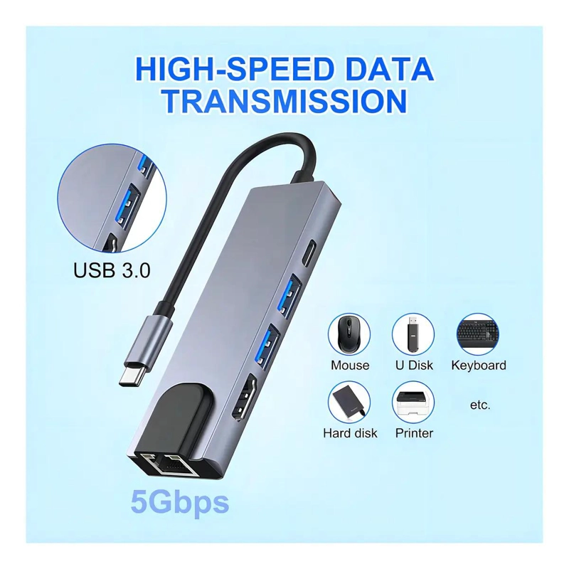ADAPTADOR USB TIPO C 5 EN 1 CON HDMI Y LAN - 6